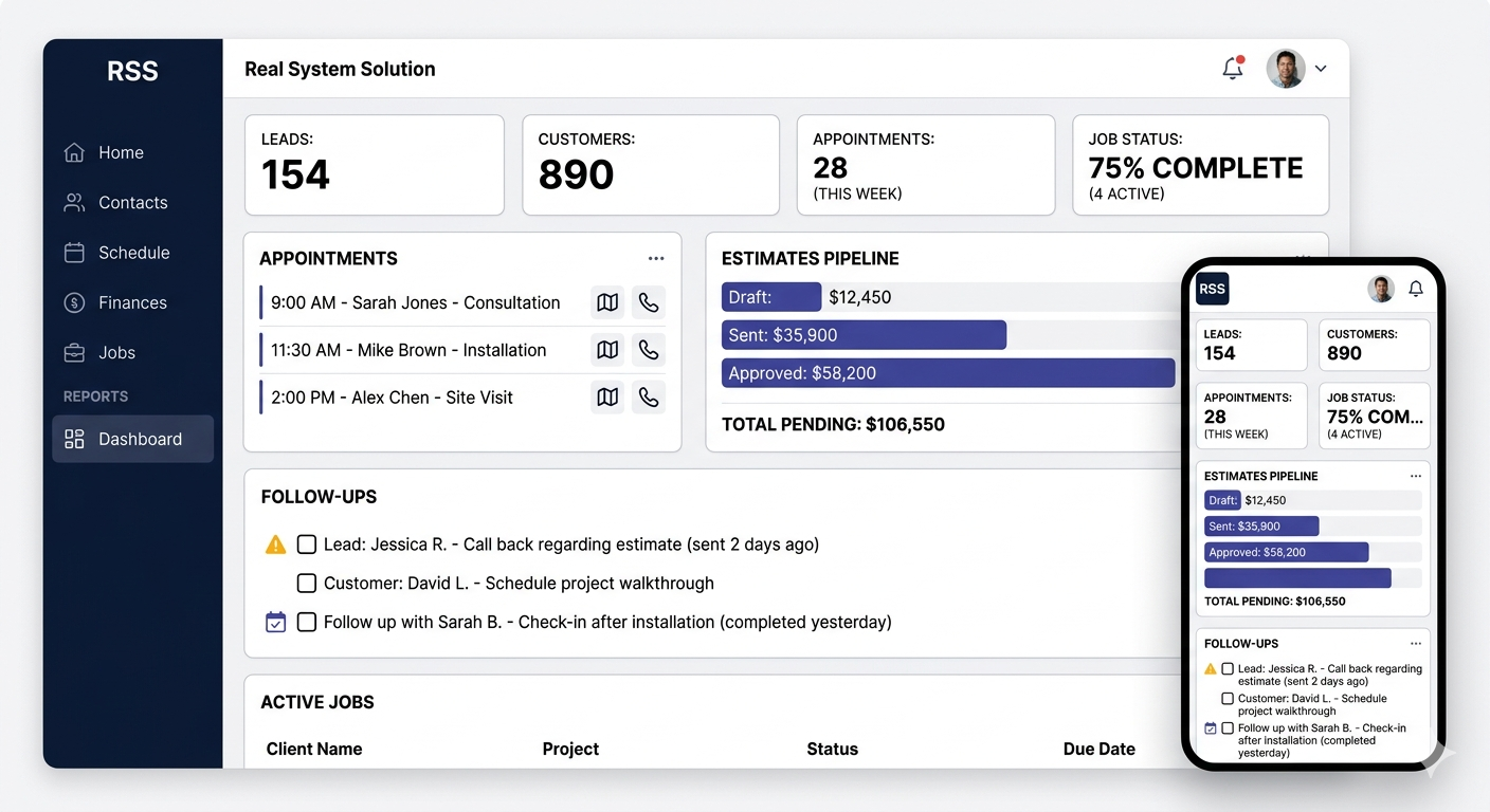Business app dashboard for tracking leads, appointments, estimates, and customers
