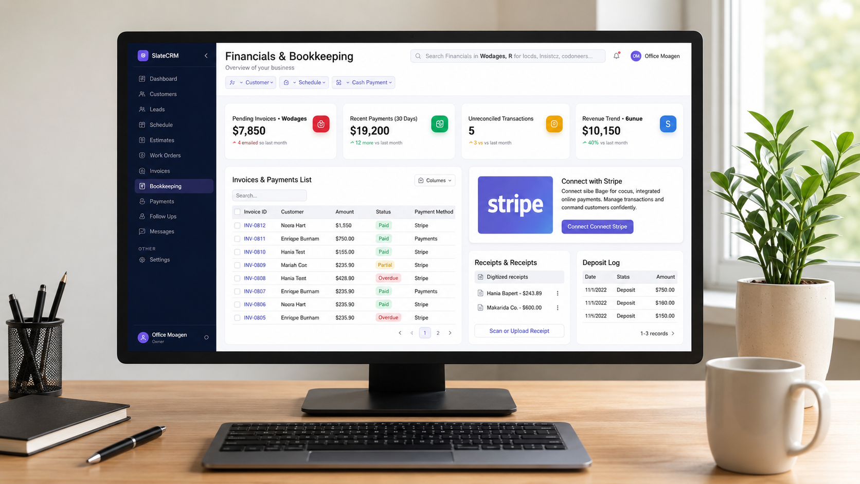 Finance workflow dashboard for invoices, payments, receipts, and bookkeeping records